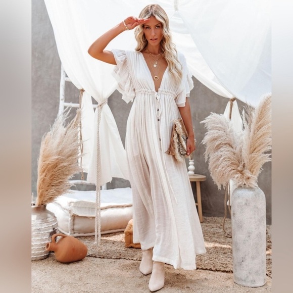 Boho Gauze Button White Maxi Dress Gown Coverup, Butterfly Arms Detail - Picture 7 of 7